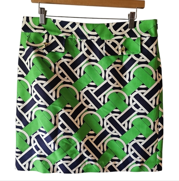 Elizabeth McKay Navy Green Patterned Silk Preppy Skirt Sz 10 WSK133 - Picture 4 of 8